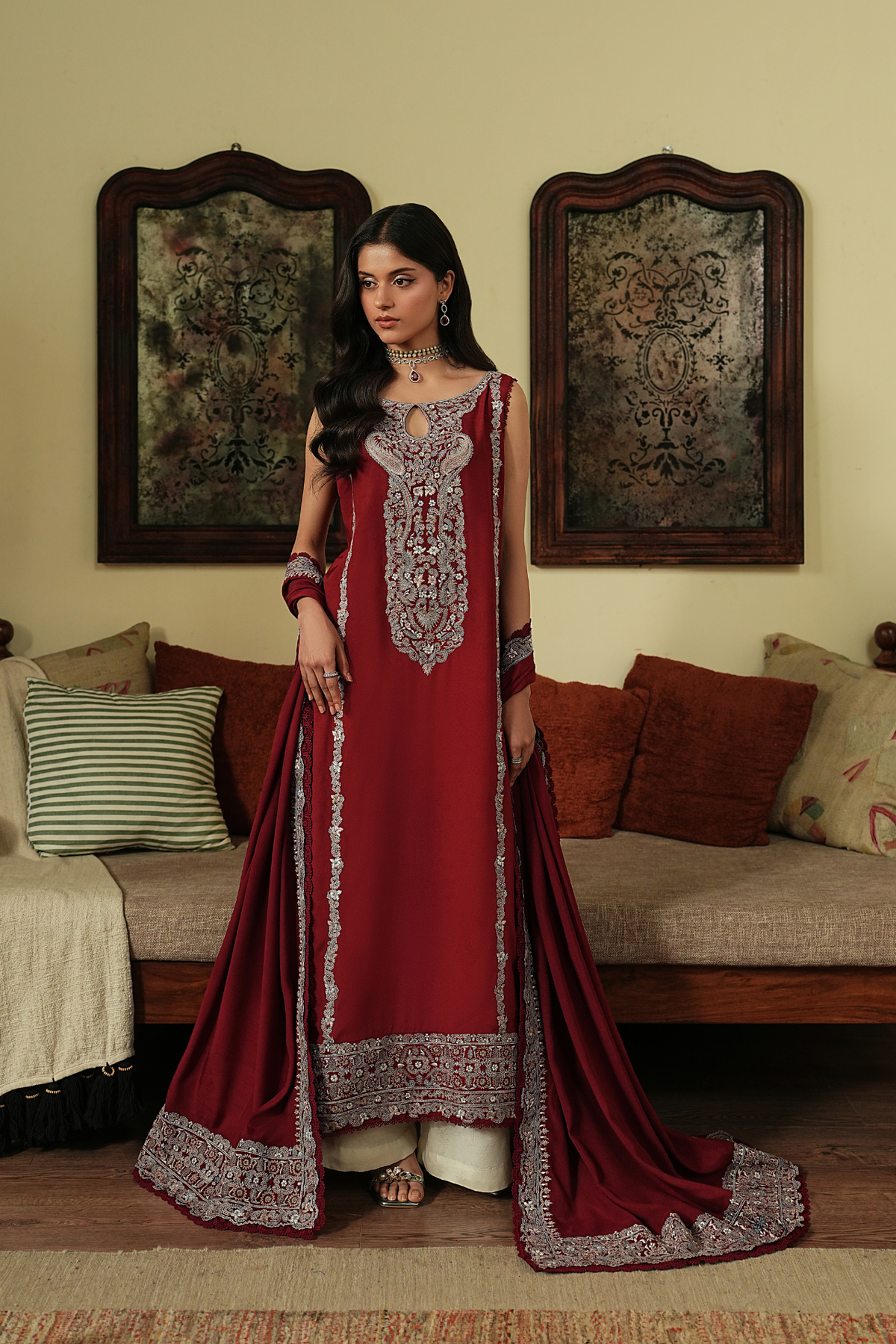 Crimson – Deep Maroon Luxury Embroidered Silk Set (3 Piece) Main image