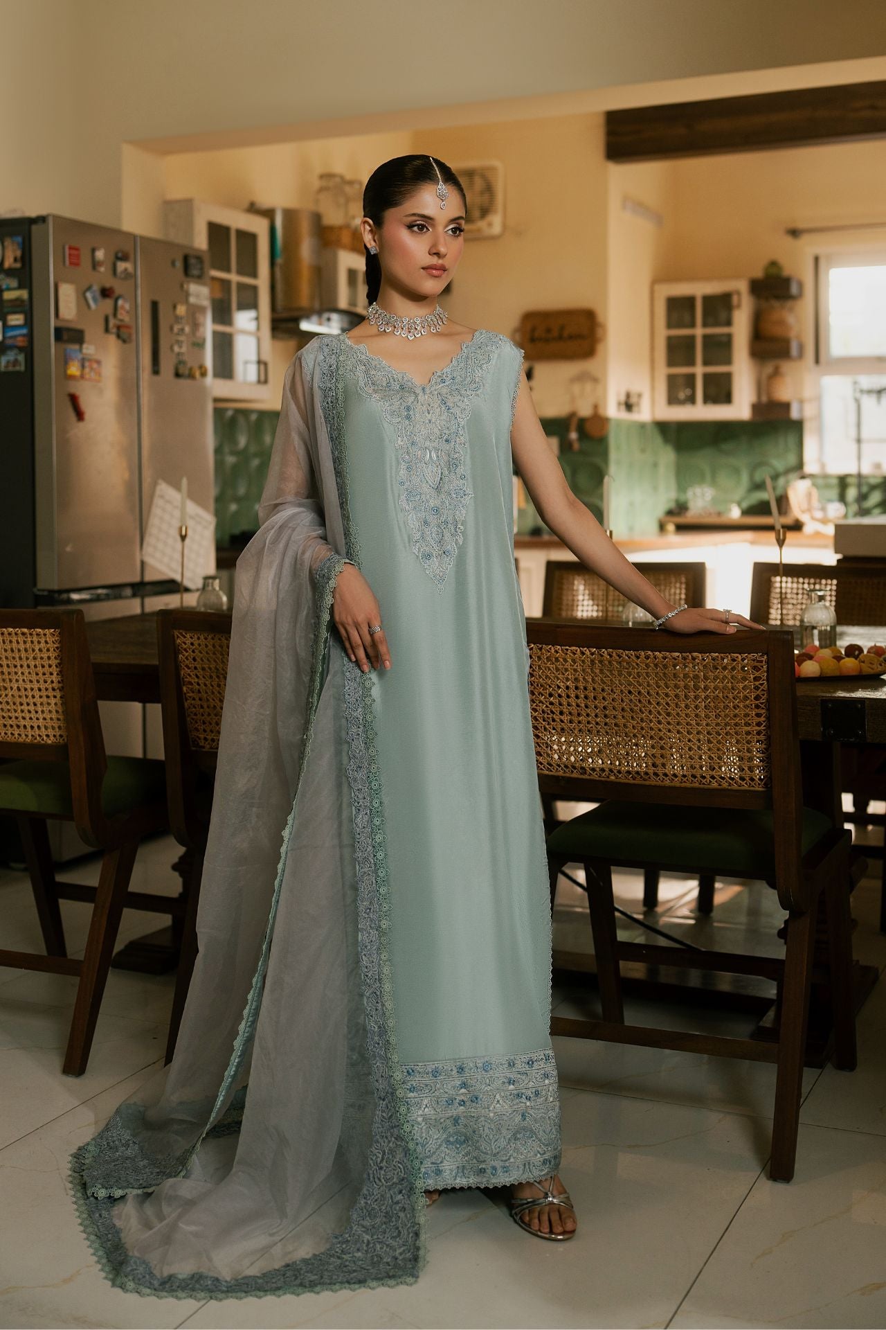 Cloud – Ice Blue Luxury Embroidered Silk Set (3 Piece) Main image