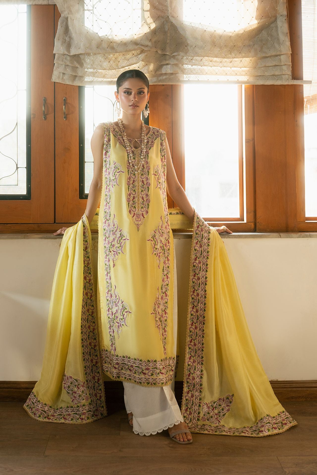 Flora – Butter Yellow Luxury Embroidered Silk Set (3 Piece) Main image