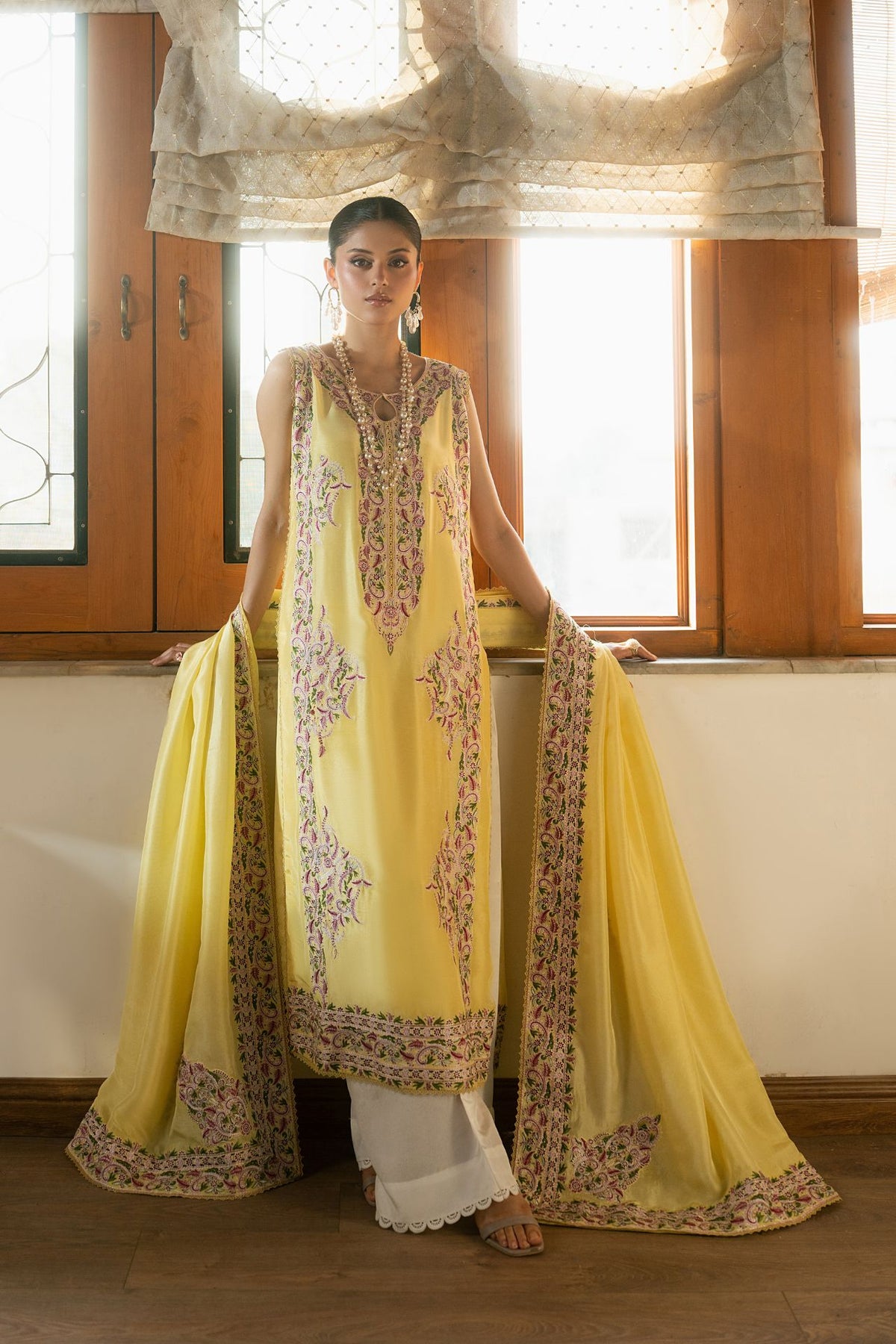 Flora – Butter Yellow Luxury Embroidered Silk Set (3 Piece)
