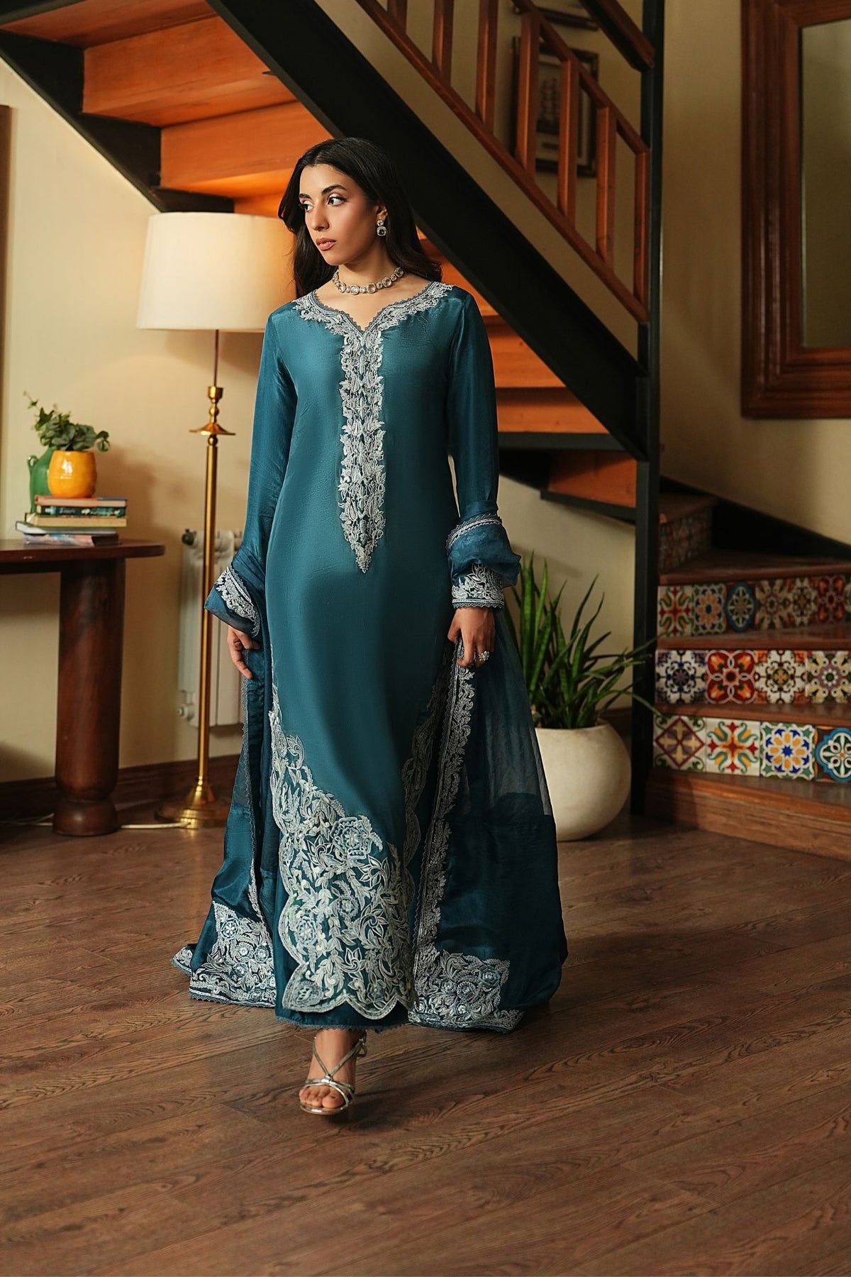 Midnight – Teal Luxury Embroidered Silk Set (3 Piece) Main image