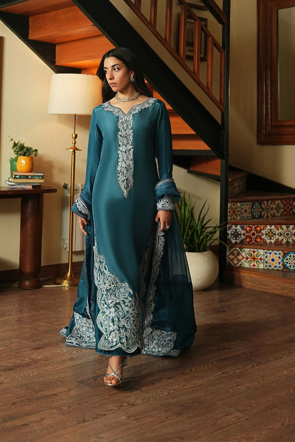 Midnight – Teal Luxury Embroidered Silk Set (3 Piece)