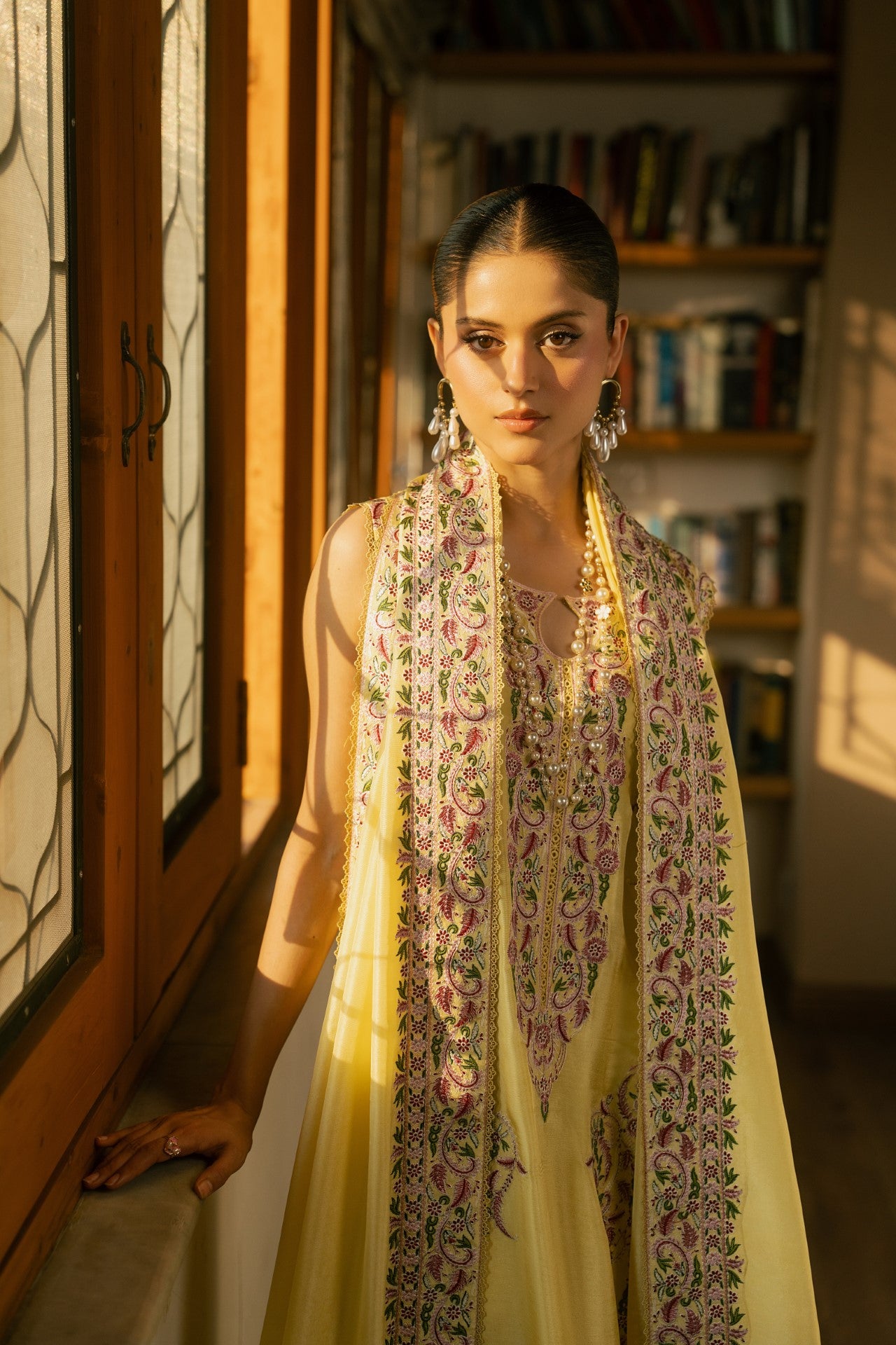 Flora – Butter Yellow Luxury Embroidered Silk Set (3 Piece)