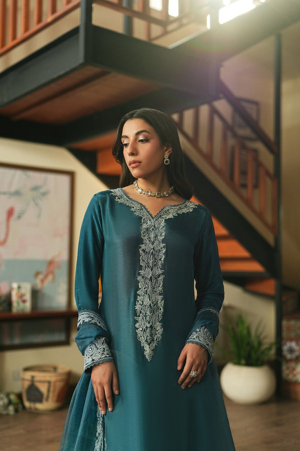 Midnight – Teal Luxury Embroidered Silk Set (3 Piece)