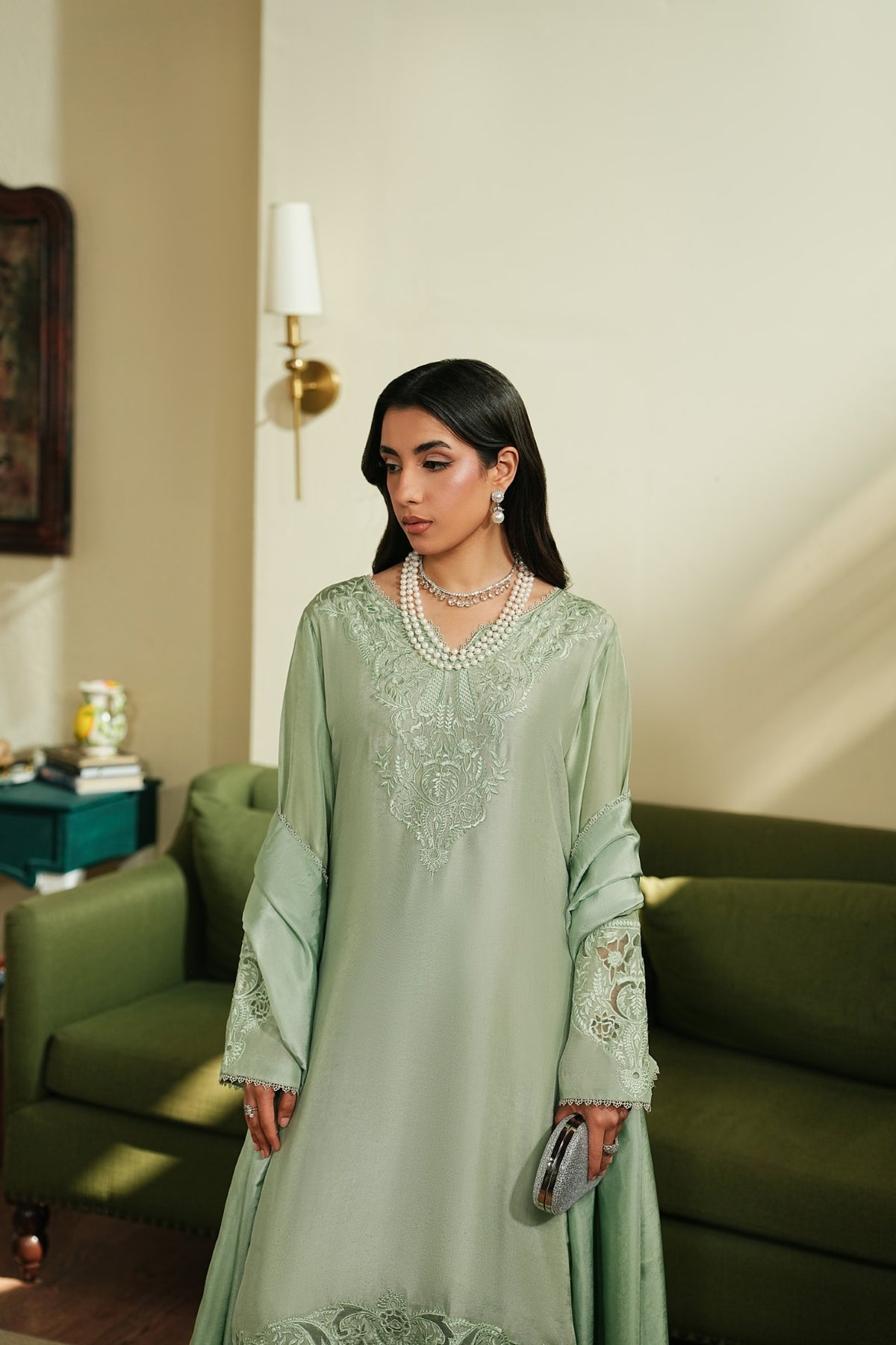 Muse – Sage Green Luxury Embroidered Silk Set (3 Piece)