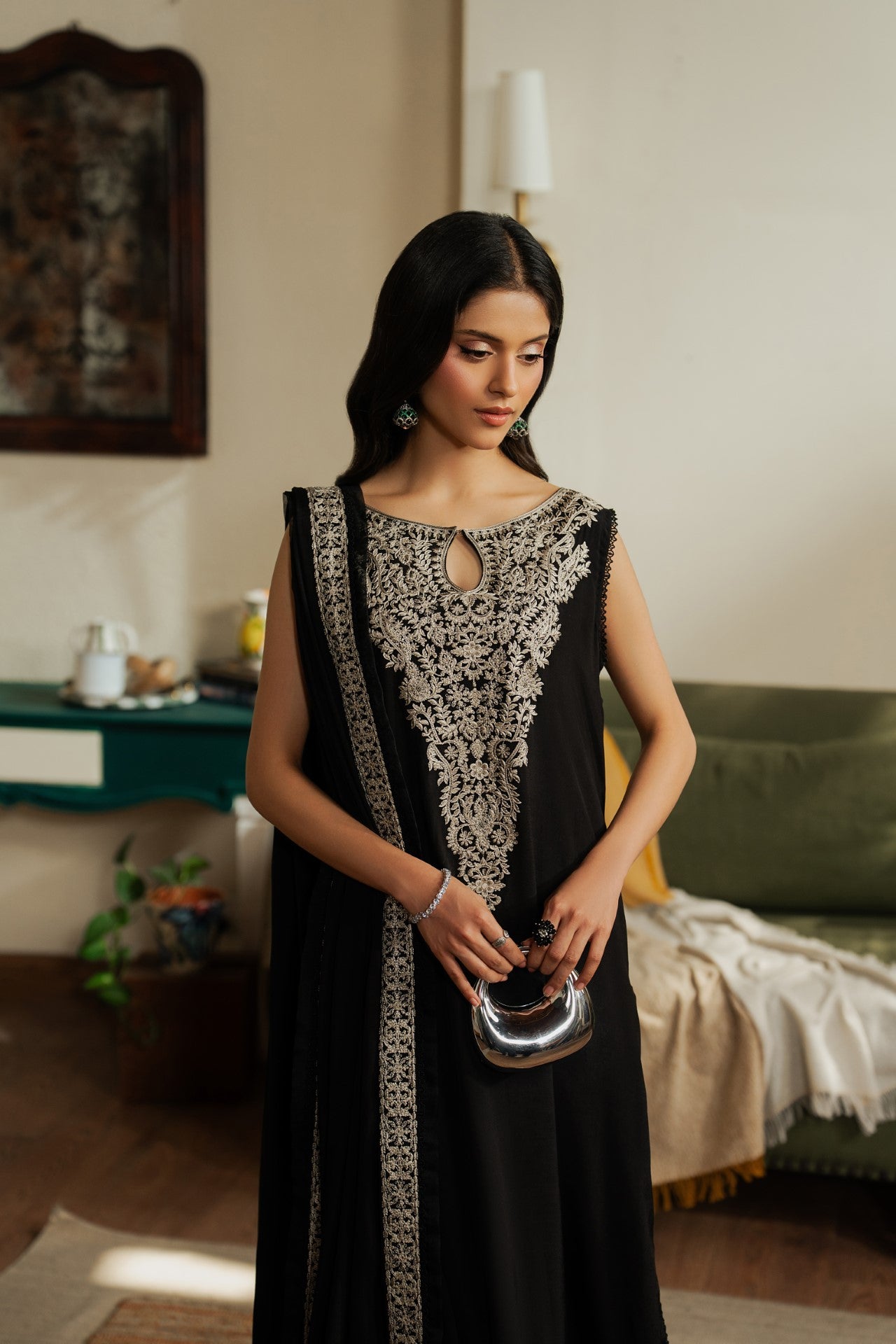 Starry – Deep Black Luxury Embroidered Silk Set (3 Piece)
