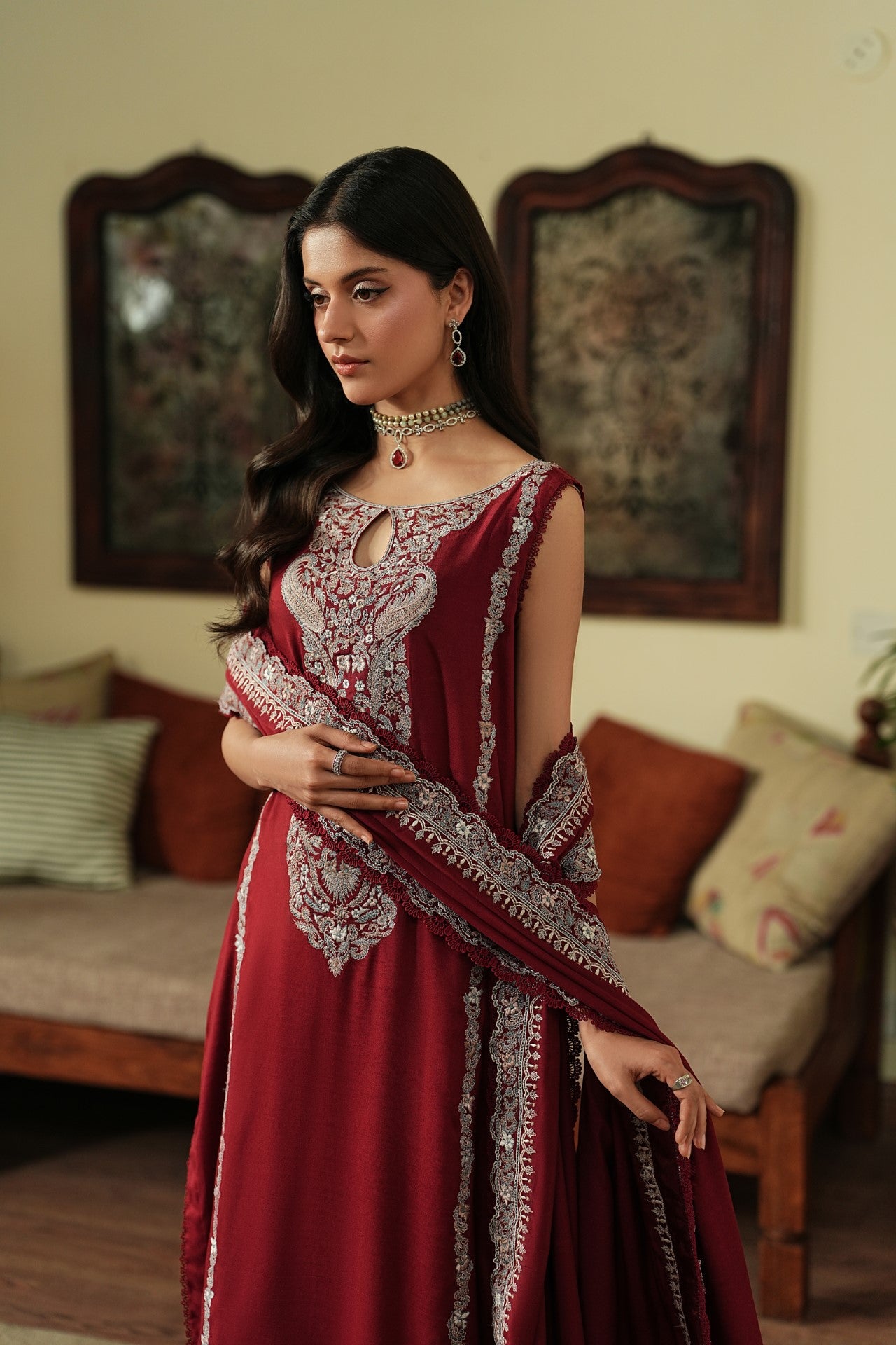 Crimson – Deep Maroon Luxury Embroidered Silk Set (3 Piece) Secondary image
