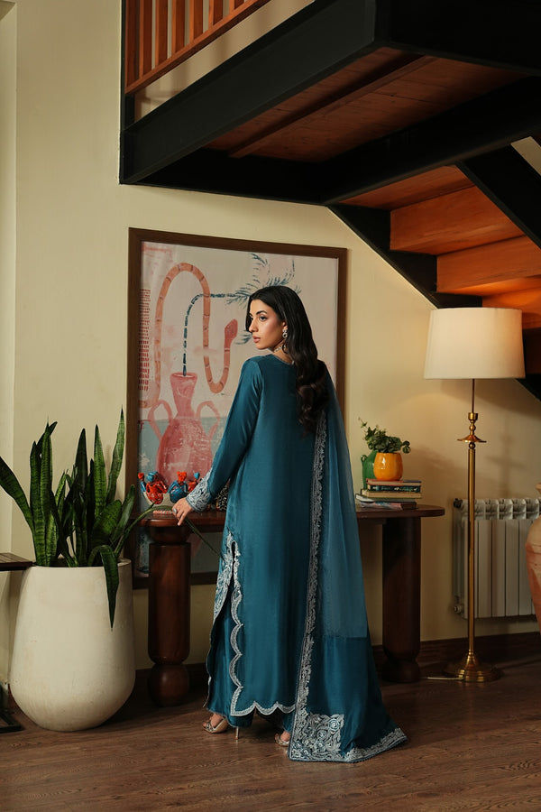 Midnight – Teal Luxury Embroidered Silk Set (3 Piece)