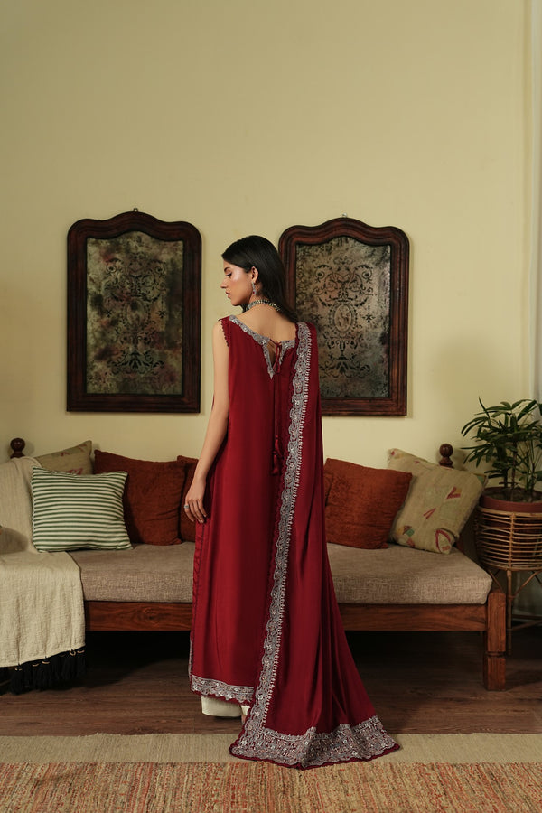 Crimson – Deep Maroon Luxury Embroidered Silk Set (3 Piece)