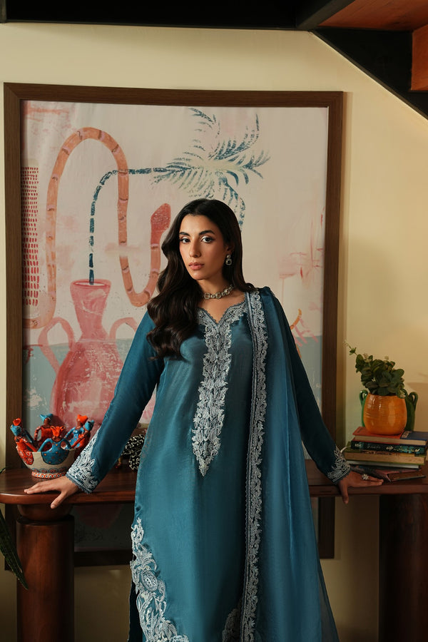 Midnight – Teal Luxury Embroidered Silk Set (3 Piece)