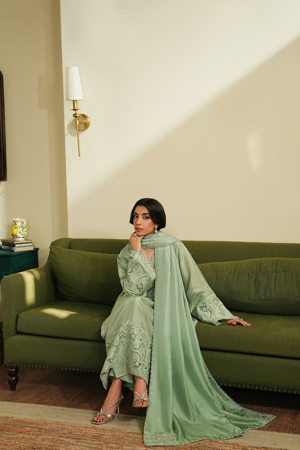 Muse – Sage Green Luxury Embroidered Silk Set (3 Piece)