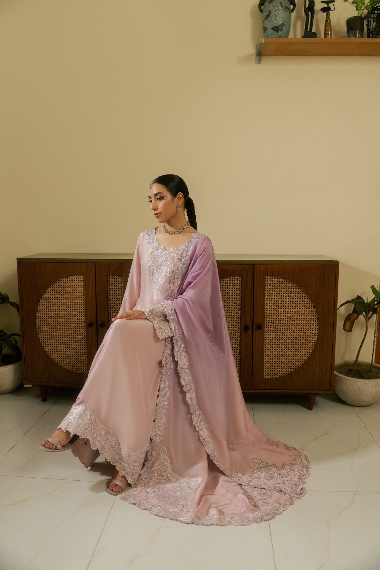 Rosette – Pastel Pink Luxury Embroidered Silk Set (3 Piece)