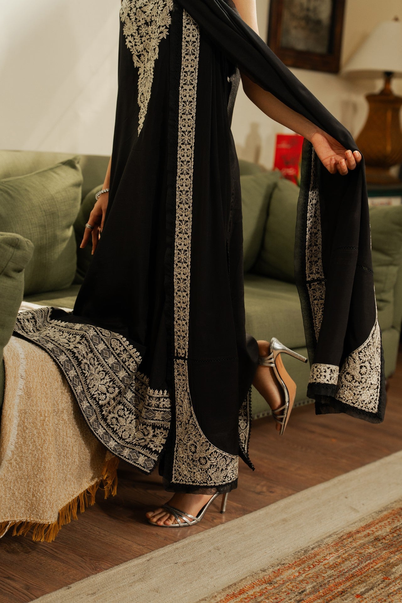Starry – Deep Black Luxury Embroidered Silk Set (3 Piece)