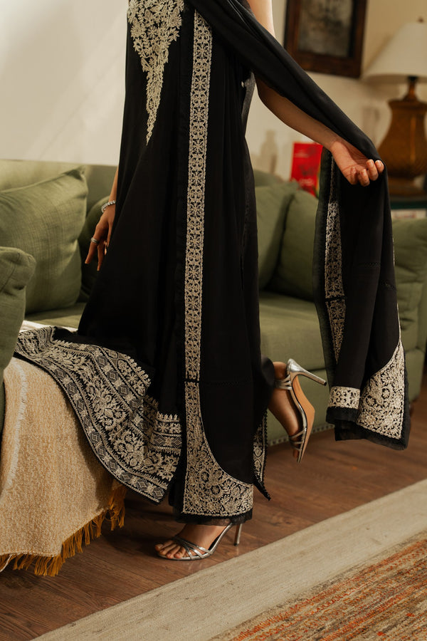Starry – Deep Black Luxury Embroidered Silk Set (3 Piece)