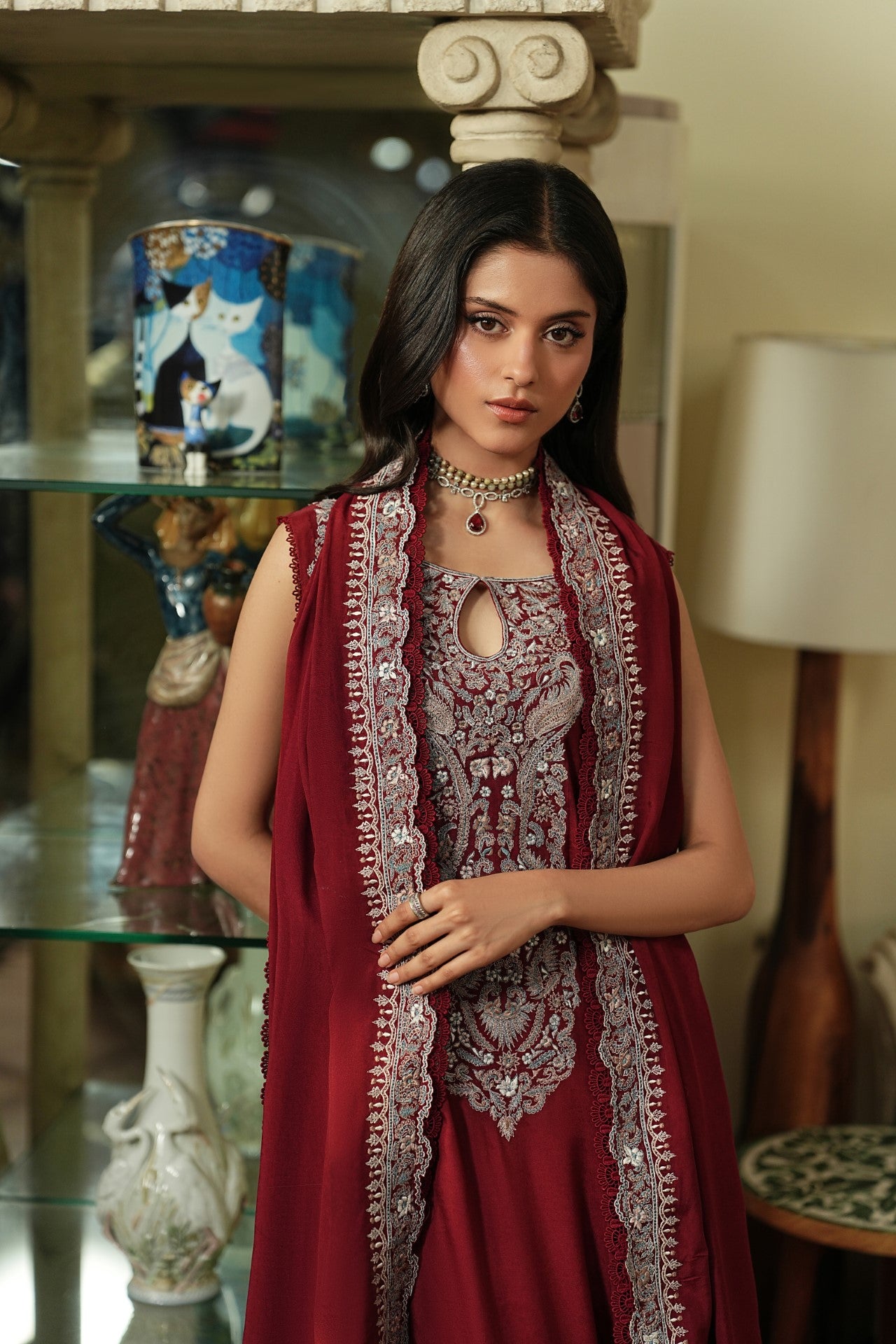 Crimson – Deep Maroon Luxury Embroidered Silk Set (3 Piece)