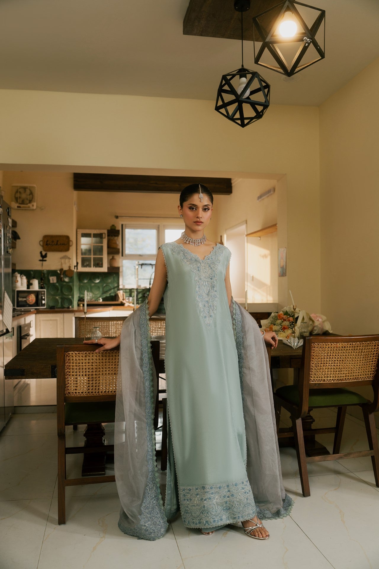 Cloud – Ice Blue Luxury Embroidered Silk Set (3 Piece)