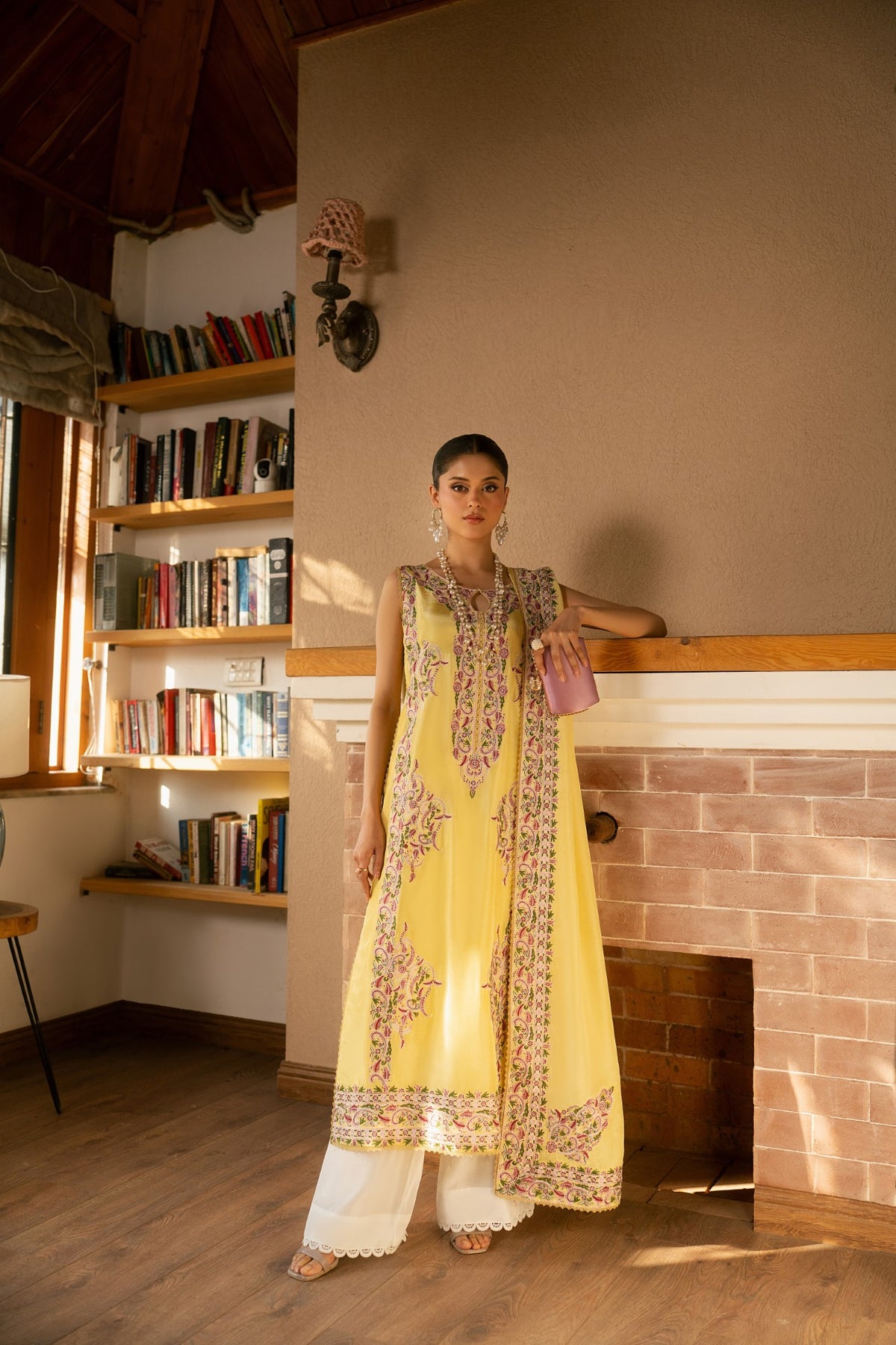 Flora – Butter Yellow Luxury Embroidered Silk Set (3 Piece)