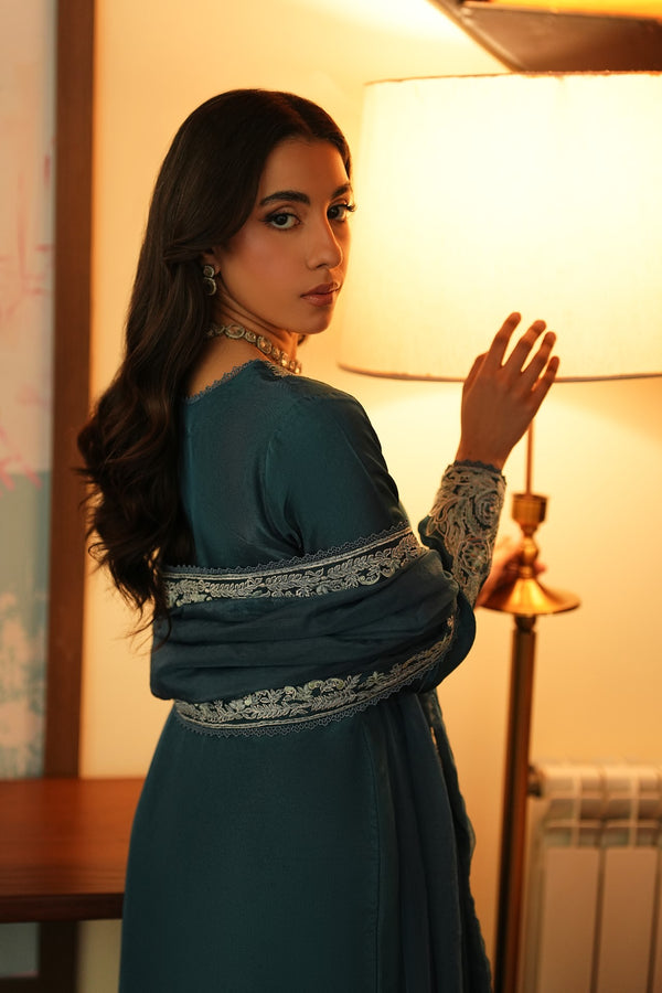 Midnight – Teal Luxury Embroidered Silk Set (3 Piece)