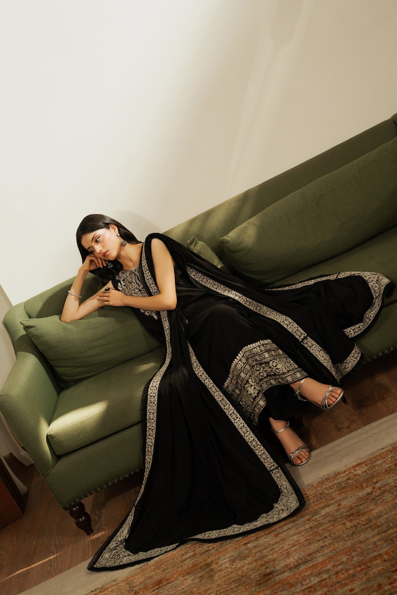 Starry – Deep Black Luxury Embroidered Silk Set (3 Piece)