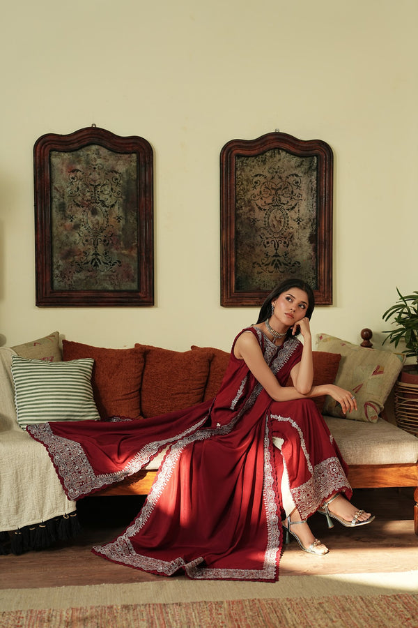 Crimson – Deep Maroon Luxury Embroidered Silk Set (3 Piece)