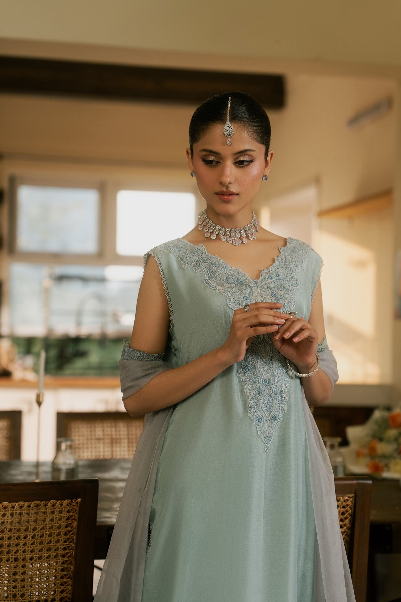 Cloud – Ice Blue Luxury Embroidered Silk Set (3 Piece)