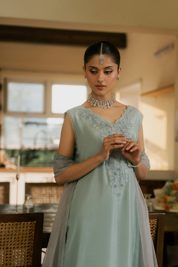 Cloud – Ice Blue Luxury Embroidered Silk Set (3 Piece)