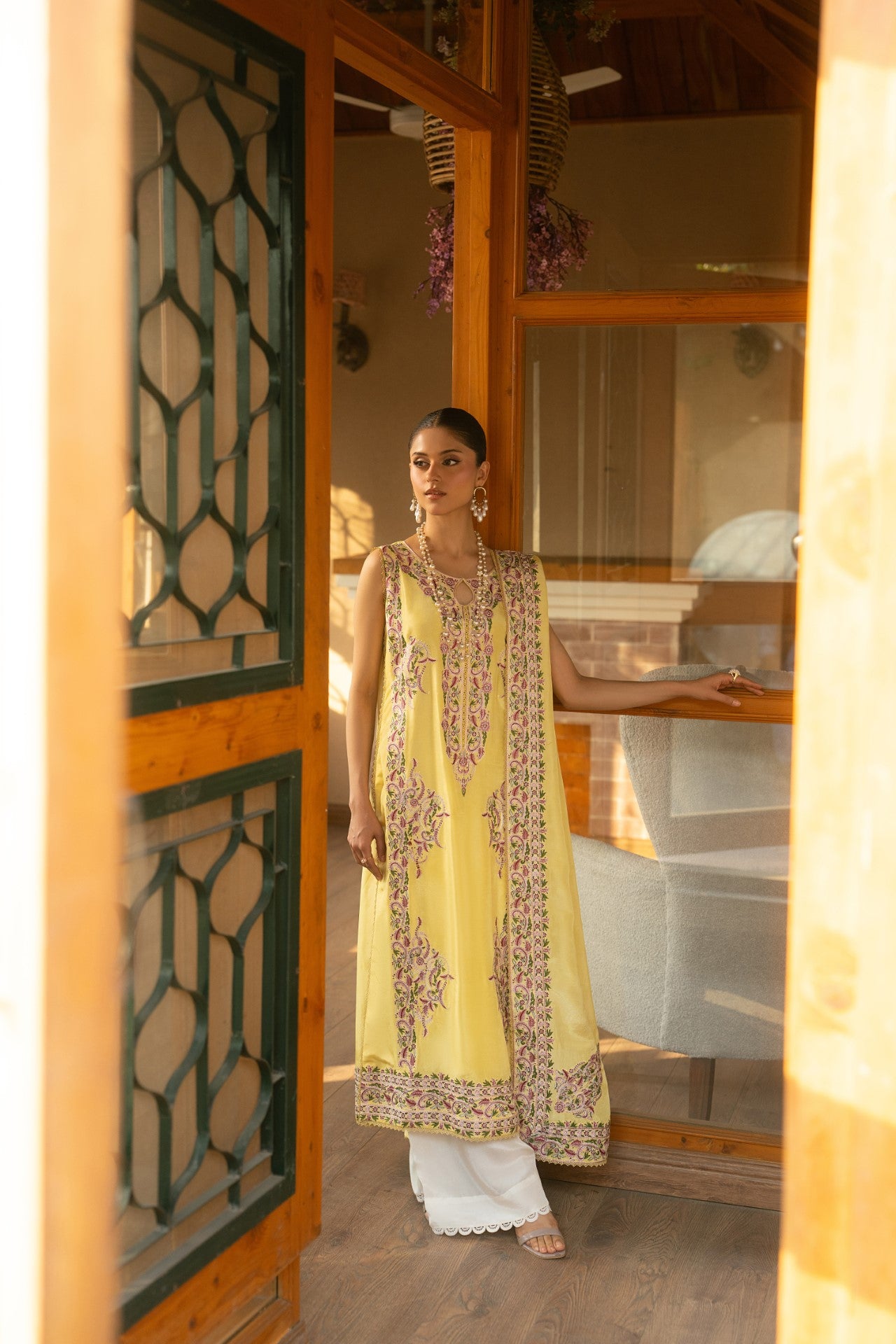Flora – Butter Yellow Luxury Embroidered Silk Set (3 Piece)