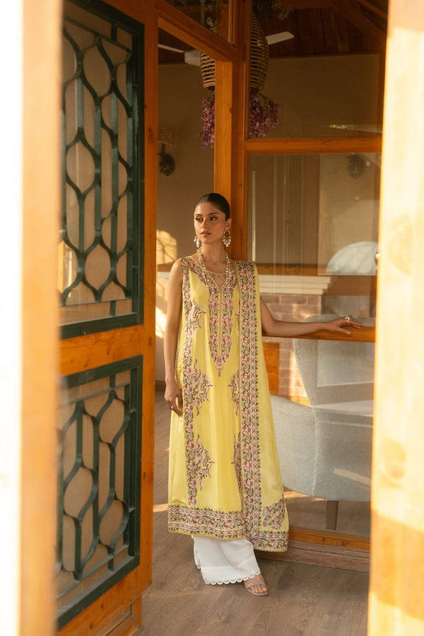 Flora – Butter Yellow Luxury Embroidered Silk Set (3 Piece)