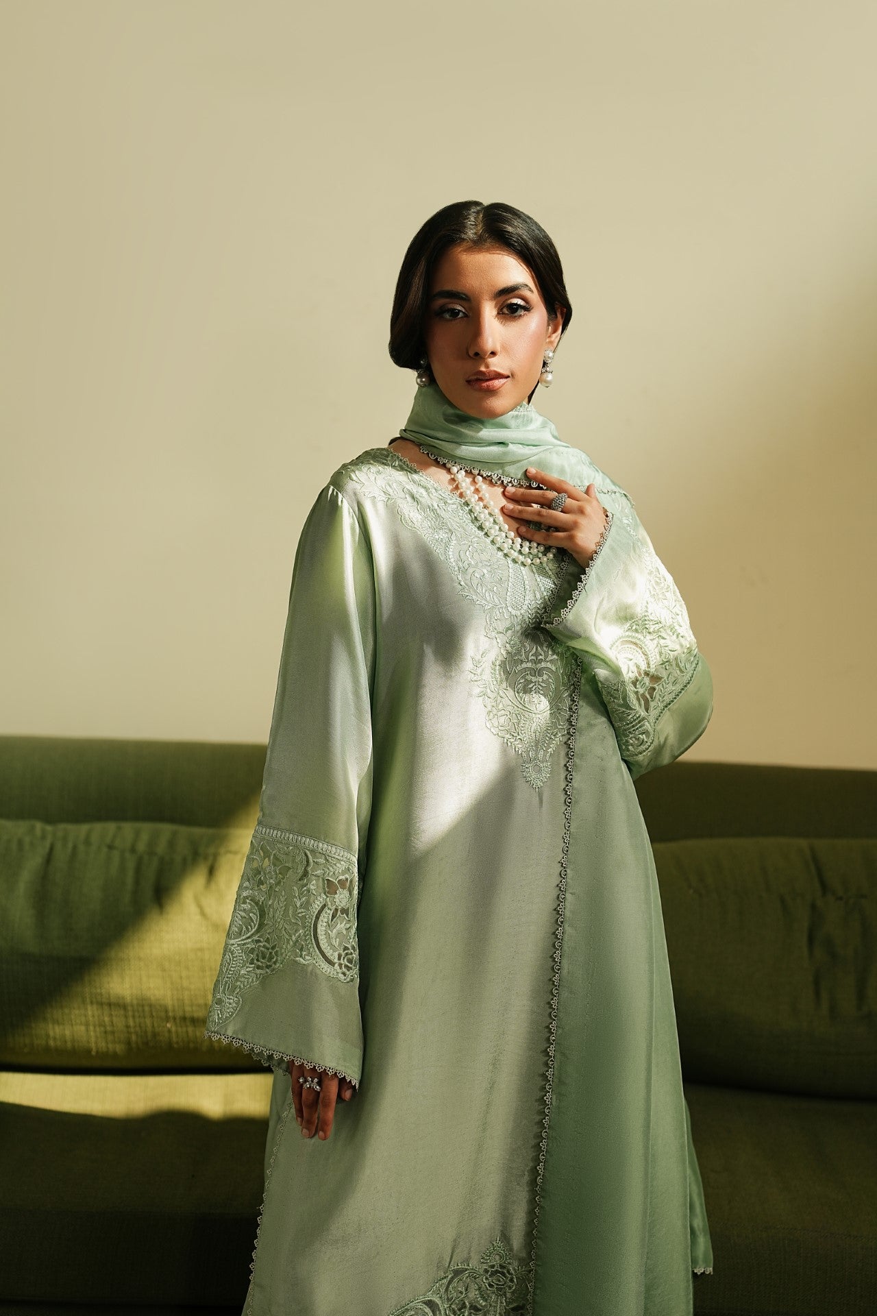 Muse – Sage Green Luxury Embroidered Silk Set (3 Piece)