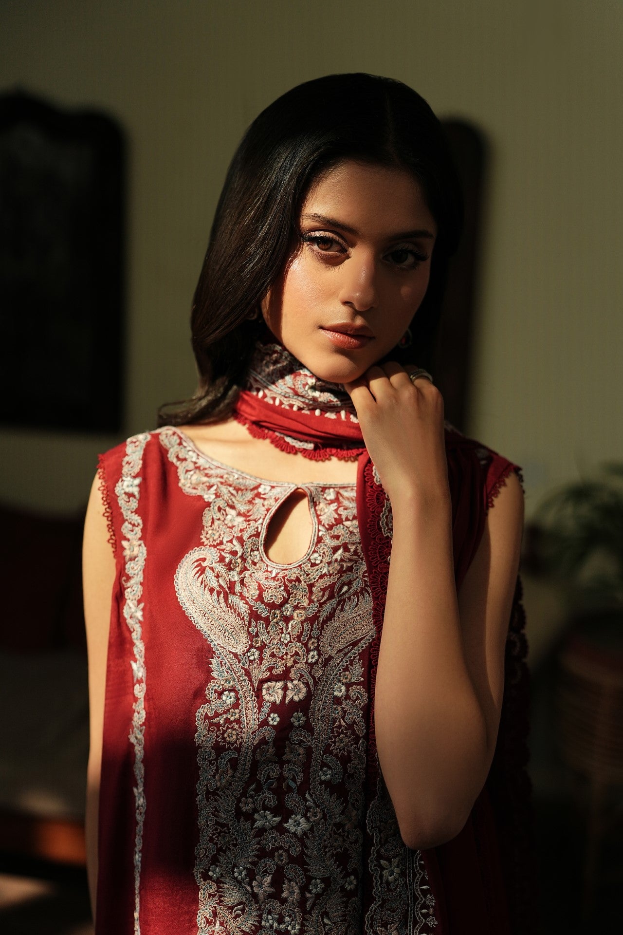 Crimson – Deep Maroon Luxury Embroidered Silk Set (3 Piece)